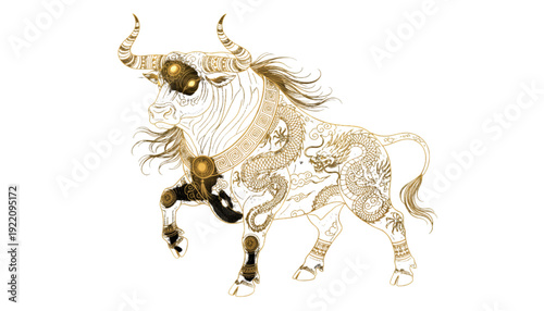 Golden Ornate Ox for Financial Success and Business Growth. Elegant Zodiac Symbol for Prosperity and Wealth.