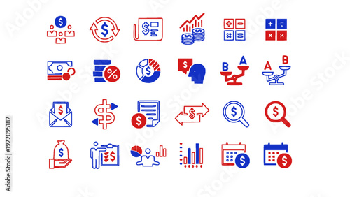 Comprehensive business finance and investment icon set in red and blue flat style. Includes analytics, charts, growth, profit, research, funding, and corporate strategy symbols.
