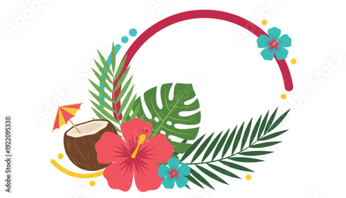 Vibrant Tropical Summer Frame with Hibiscus Flowers, Coconut, Palm Leaves. Holiday Travel Web Design.