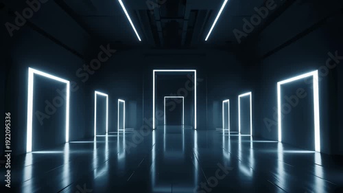 neon hallway futuristic blue frame lighting with reflective floor