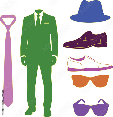 Green Suit with Accessories and Shoes purple tie blue hat