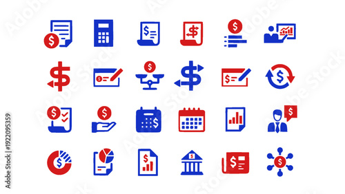 Modern banking and financial services icon collection in red and blue flat design. Includes dollar symbols, payment systems, savings, investment, calendar, reports, ATM, and transaction concepts.