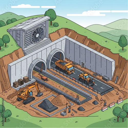 Underground tunnel construction site with heavy machinery and workers.