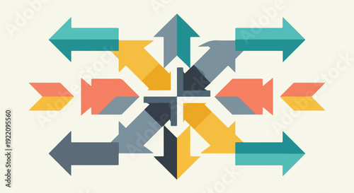 Colorful arrows pointing in all directions, a graphic on a light background