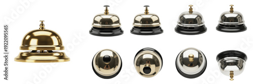Set and collection of classic metal service bells in gold and silver finish for hotel reception and desk call isolated on white transparent PNG background