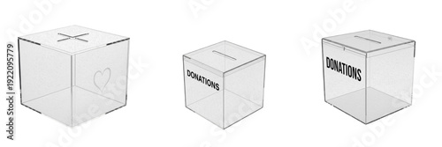 Set and collection of clear acrylic donation boxes and charity collection bins with heart icon and text isolated on white transparent PNG background