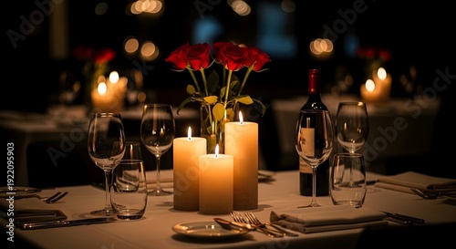 Romantic dinner setup with candles and red roses