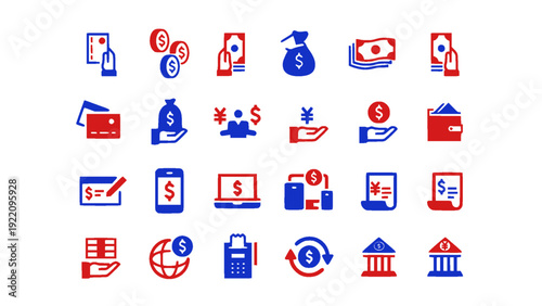 Comprehensive money management and payment icon set in red and blue style. Features cash flow, credit cards, mobile payment, banking institutions, global transactions, and financial security symbols