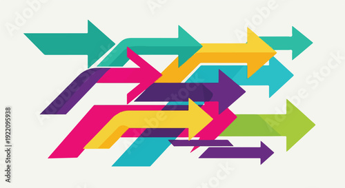 Colorful arrows pointing right, overlapping in various directions on white