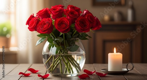 Romantic setting with red roses and lit candle