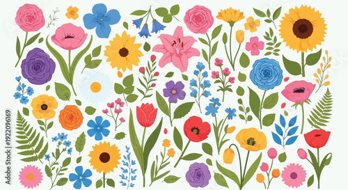Colorful assortment of illustrated flowers and foliage