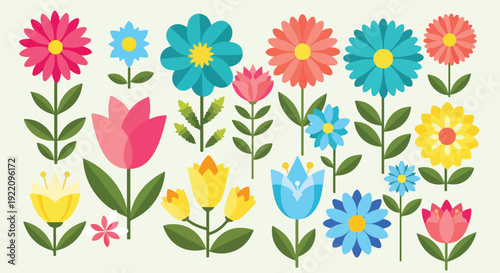 Colorful assortment of stylized floral illustrations, vector art, on a cream background