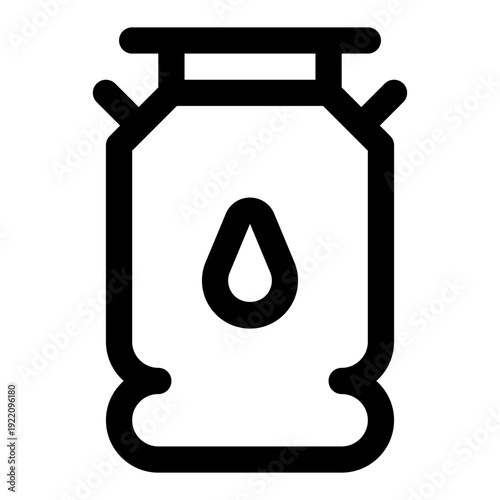 A simple vector icon depicting a traditional milk can with a milk drop, symbolizing fresh dairy and farm products.