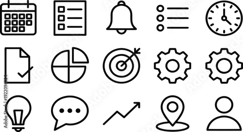 monthly calendar, a checked to-do list, a notification bell, a notepad/clipboard, and an analog clock.