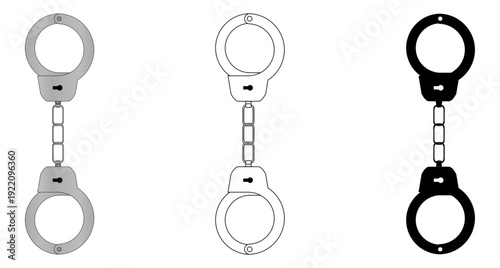 Ilustraciones de esposas policiales. Iconos de seguridad social, crimen y procedimiento policial en blanco, negro y gris metal. Vector para sitio web, app, folleto y otros. 