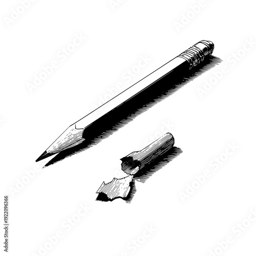 A broken pencil with its tip snapped off lying on a white surface in black and white illustration