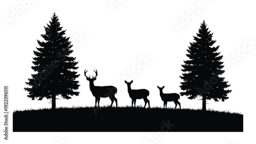A group of deer standing on a hill between two trees isolated on white background, Vector