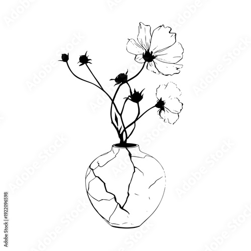 Flowers in a cracked vase monochrome illustration with delicate floral arrangement and artistic flair of black and white design