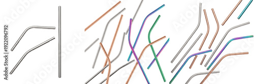 Set and collection of reusable stainless steel drinking straws in various colors and shapes isolated on white transparent PNG background