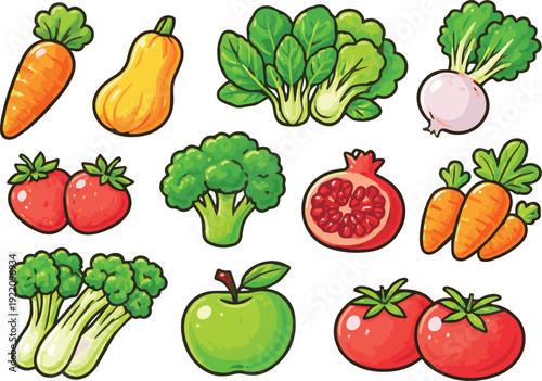 Colorful illustration of various fresh vegetables and fruits