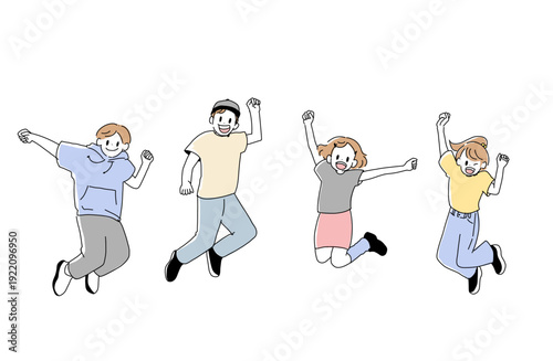 元気にジャンプする子供たちのイラスト　友達と青春　手書きベクター素材