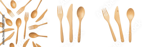 Set and collection of eco-friendly disposable wooden cutlery including forks, knives, and spoons isolated on white transparent PNG background