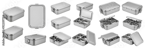 Set and collection of durable stainless steel lunch boxes and multi-compartment bento boxes for food storage isolated on white transparent PNG background
