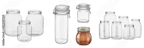 Set and collection of clear glass storage jars with airtight lids for kitchen organization and pantry food storage isolated on white transparent PNG background