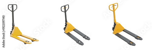 Set and collection of industrial hydraulic pallet jacks and manual hand lift trucks for warehouse logistics isolated on white transparent PNG background