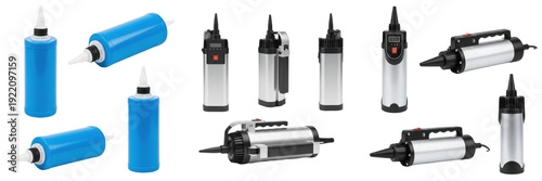 Set and collection of manual plastic and professional electric balloon air pumps for party decoration isolated on white transparent PNG background