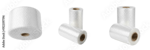 Set and collection of industrial bubble wrap rolls for protective packaging and fragile shipping isolated on white transparent PNG background