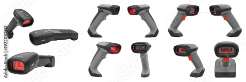 Set and collection of professional handheld laser barcode scanners for retail and warehouse inventory isolated on white transparent PNG background