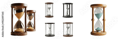 Set and collection of vintage wooden sand hourglass timers for productivity and time management isolated on white transparent PNG background