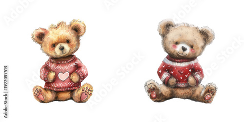 cute teddy bear wearing valentines sweater watercolor vector illustration