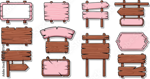 Wooden signboard vector set with blank pink panels