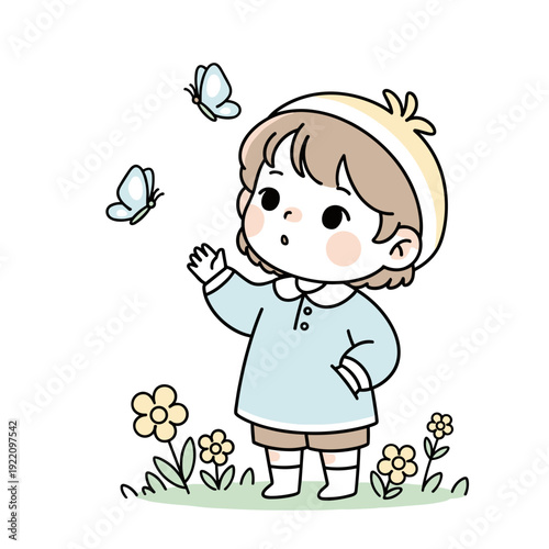 Little girl happily watching butterflies fly in garden with flowers