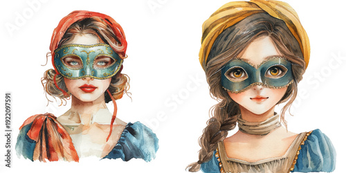 cute woman wearing venetian mask watercolor vector illustration