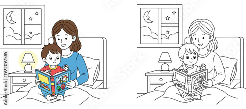 Happy mother reading book to son in bed at night vector illustration with black and white coloring page outline for children activity and education