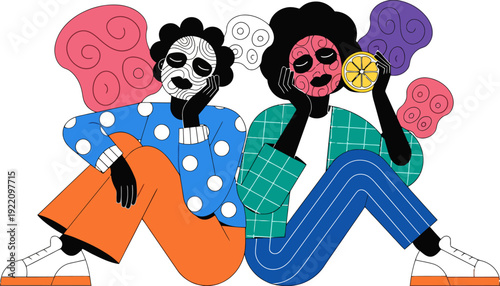 Two friends enjoying relaxing spa day with face masks