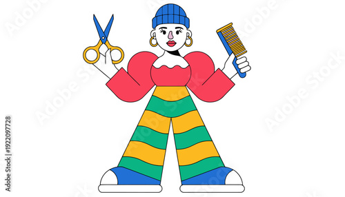 Vibrant cartoon hairstylist with scissors and comb ready to create