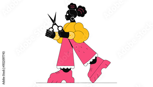 Stylish woman with scissors in hand walking confidently