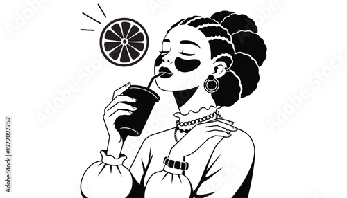 Stylish woman enjoying refreshing drink with citrus slice