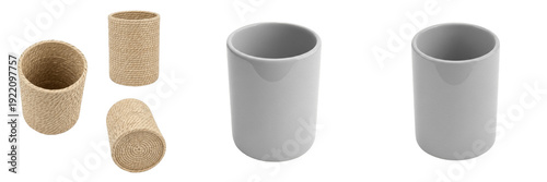 Set and collection of modern ceramic and cork pen holders for office desk stationery organization isolated on white transparent PNG background