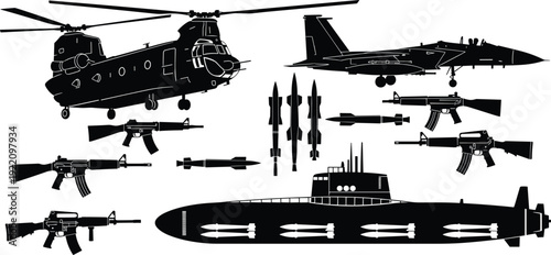 Military weapons and aircraft silhouette set, fighter jet helicopter submarine missiles rifles isolated on white background vector illustration