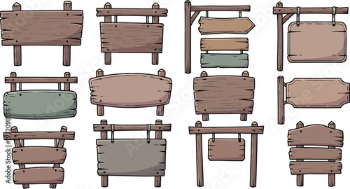 Weathered earthy tone wooden signboards vector set