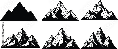 Mountain silhouette collection, black and white alpine peak vector set, dramatic landscape illustration isolated on white background