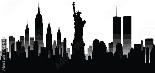 New York City skyline silhouette with Statue of Liberty and Twin Towers, iconic urban landmark vector illustration