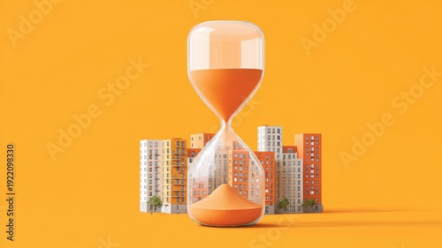 The urban real estate crisis, Hourglass with sand flowing in front of city buildings on an orange background