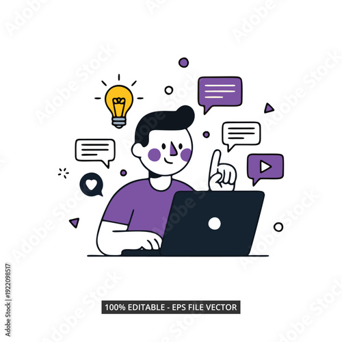 Creative Person Working on Laptop with Lightbulb Ideas and Chat Bubbles