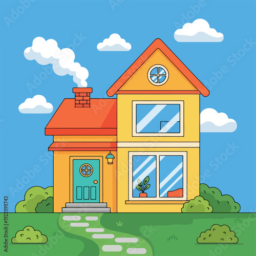 Colorful cartoon illustration featuring a two-story home, clouds, and a pathway